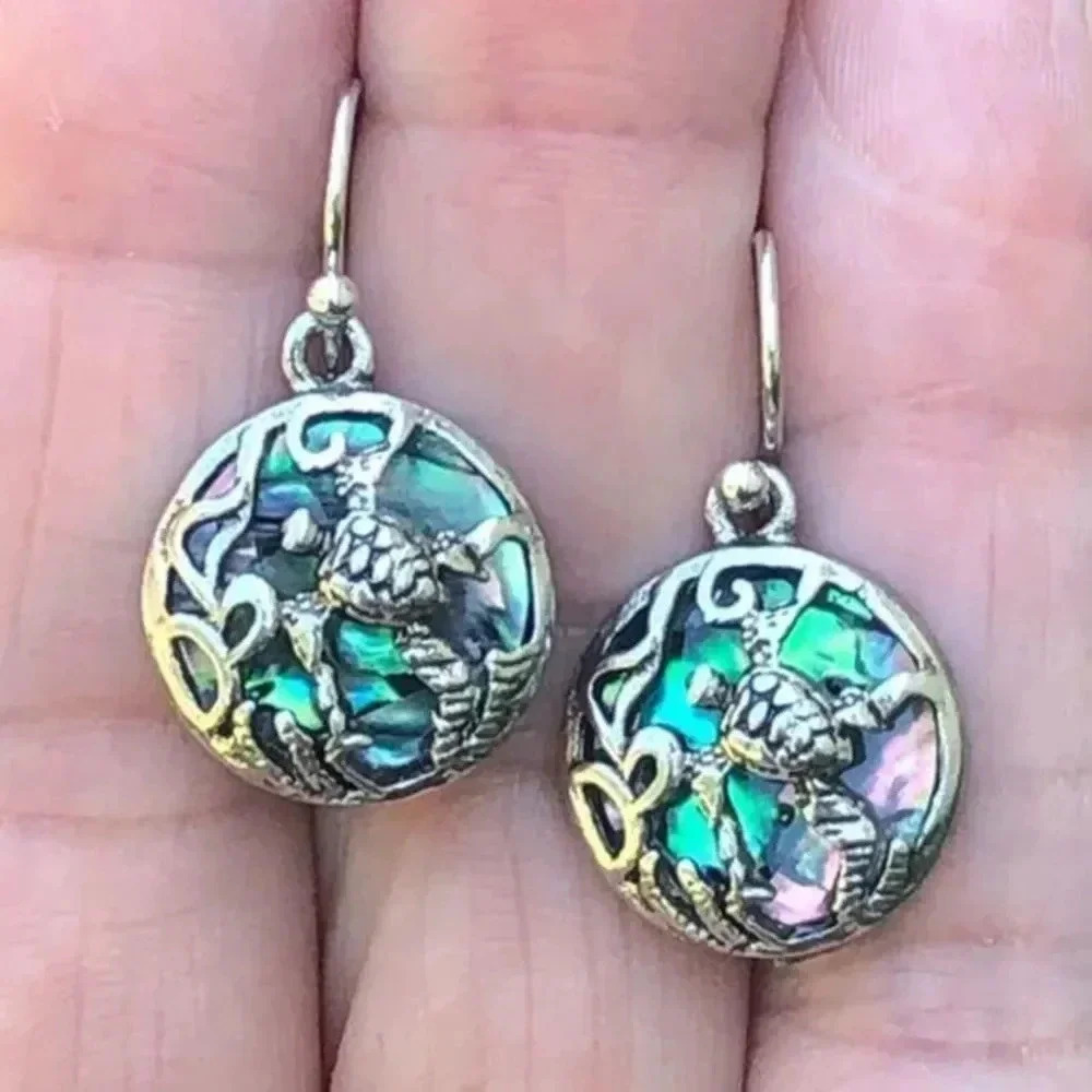 Sea Turtle Earrings Real Abalone Tibetan Silver Drop Earrings NWT